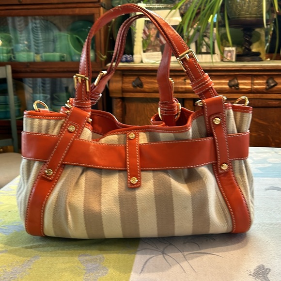 Francesco Biasia Cream & Tan Striped Canvas Bag with Orange Leather Trim - Picture 3 of 15